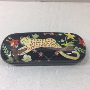 Hand Painted Leopard Floral Design 👓Eyeglasses👓 Hard Case Black Shiny
